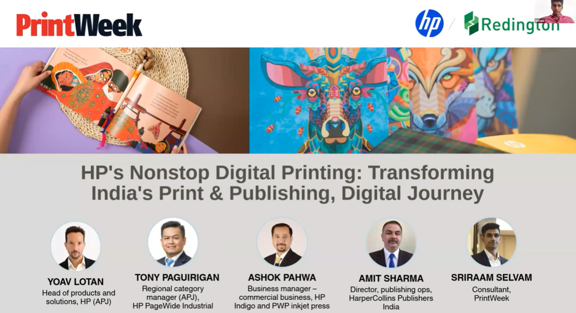 HP digital printing experts demonstrating automated book production lines and AI-driven Print on Demand solutions in a modern printing facility showcasing sustainable publishing technologies